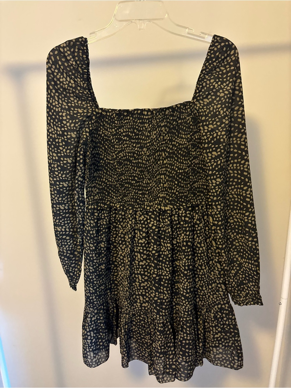 Smocked Square-Neck Midi Dress in Black with Ivory Dot